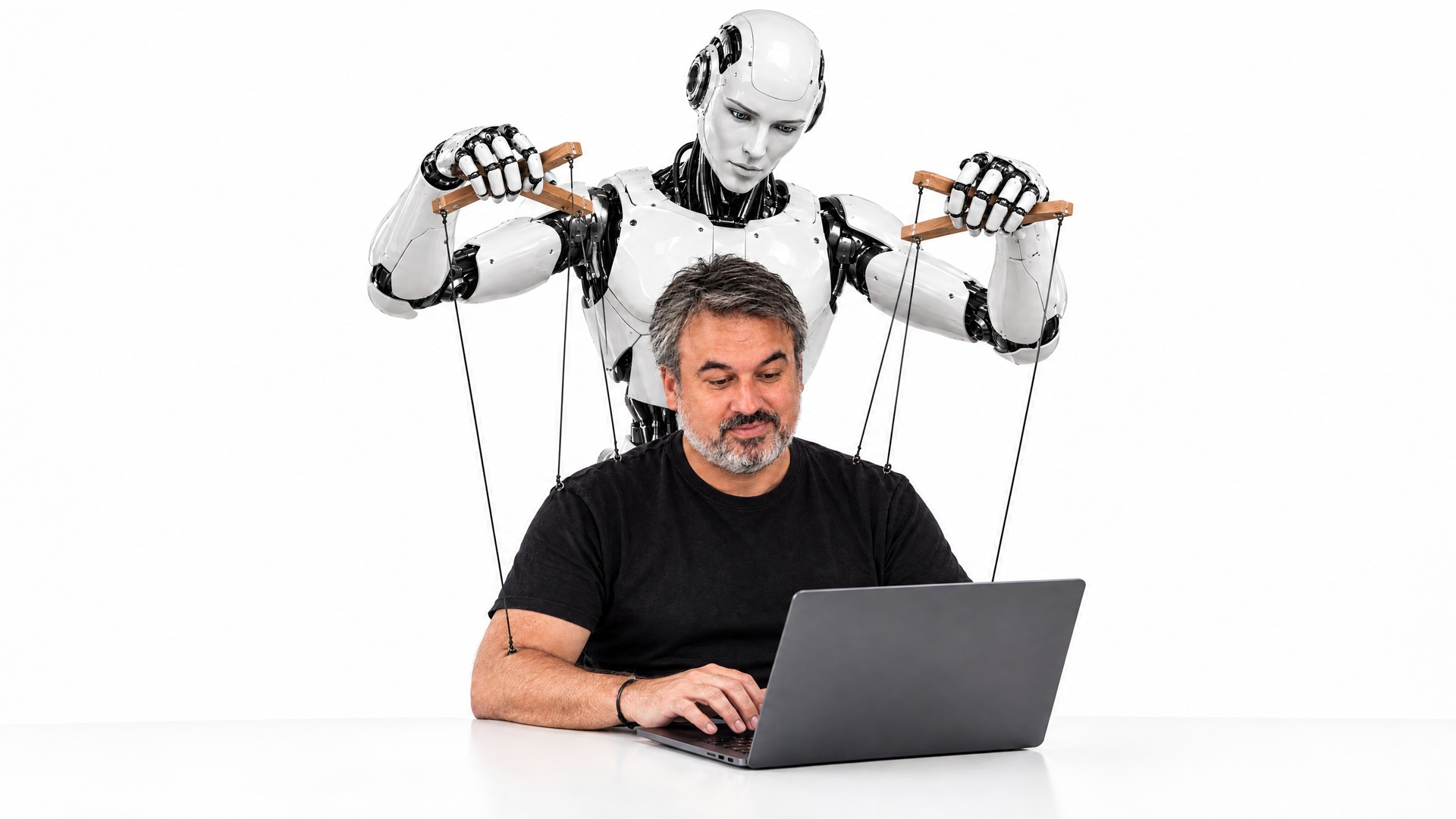 Créer du contenu avec l’IA : Sebastien Caldera à son ordinateur, sous un robot qui tient des fils de marionnette