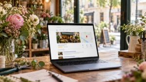 Référencement PME : la fiche Google d'une boutique de fleurs affichée sur un ordinateur portable, posé sur l'établi